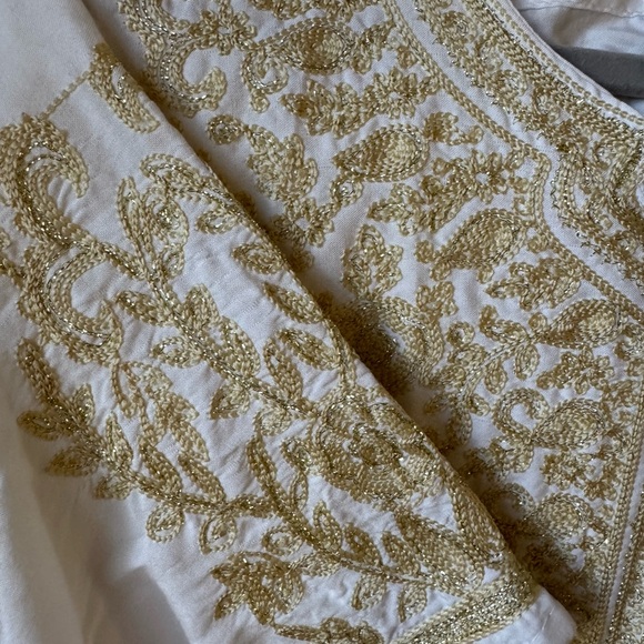 White Gold Embroidered Kaftan Dress Boho Resort Tunic Size M - Picture 5 of 6